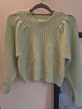 Topshop Mint Green Textured Knit Puff Sleeve Crewneck Sweater